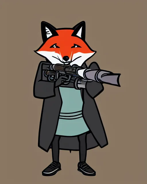 Image similar to a fox wearing a black trench - coat holding a mini - gun, comic art style, digital art,