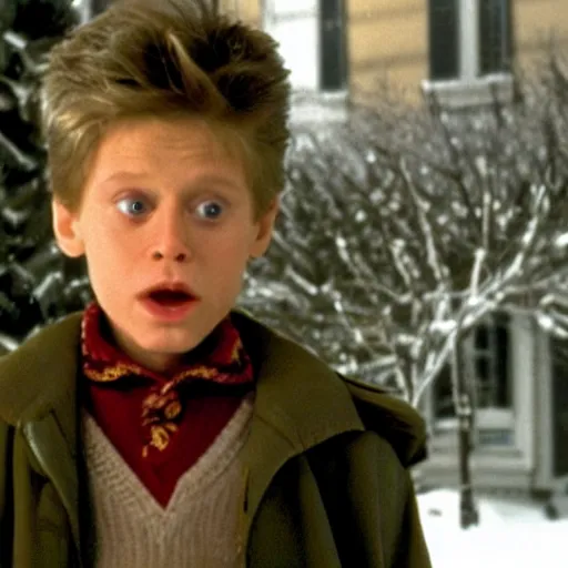 Image similar to willem dafoe as a kid in movie home alone 4k