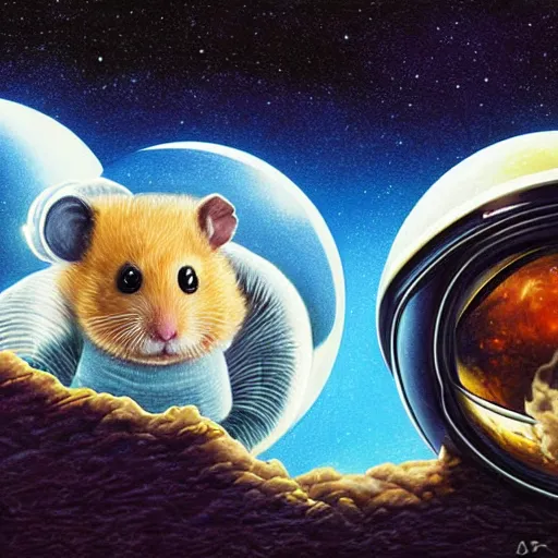 Image similar to hamster, wearing an cosmonaut helmet, russian cosmonaut, on the moon, art by artgerm and david a hardy