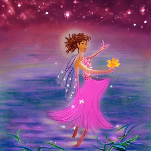 Image similar to A flower and magical fairy dancing in a river with de moon glow in the background