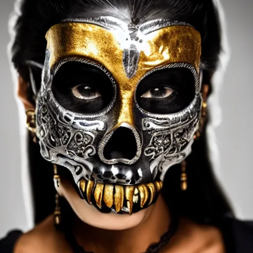 Prompt: A new dark hero for blockbuster movies. A beautiful black-haired woman wearing a sinister silver skull mask with an ancients, ultra-detailed pattern. Attractive eyes. A fearless smile. Blurred background. Earrings. Gold. Aztecs. Inca. Mexico. Rembrandt style lighting.
