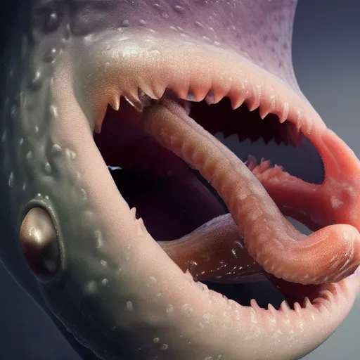 Image similar to hyperrealistic dslr film still of amorphous squid wearing dentures, stunning 8 k octane comprehensive 3 d render, inspired by istvan sandorfi & greg rutkowski & unreal engine, perfect symmetry, dim volumetric cinematic lighting, extremely hyper - detailed, extremely lifelike attributes & lifelike texture, intricate, masterpiece, artstation, stunning