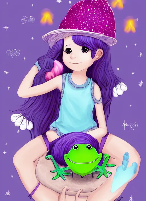 Image similar to a beautiful little girl wearing a mushroom hat sitting in her room petting a frog in her lap | | purple hair, pretty face, sharped details in celestial art style, trending on pixiv