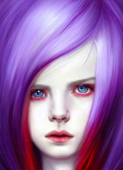 Image similar to hair whitebangs hair, black hair, whitebangs, portrait of teenage girl with white bangs, red irises, purple clothes, white bangs, bangs are different color from hair, intricate, elegant, glowing lights, highly detailed, digital painting, artstation, concept art, smooth, sharp focus, illustration, art by wlop, mars ravelo and greg rutkowski