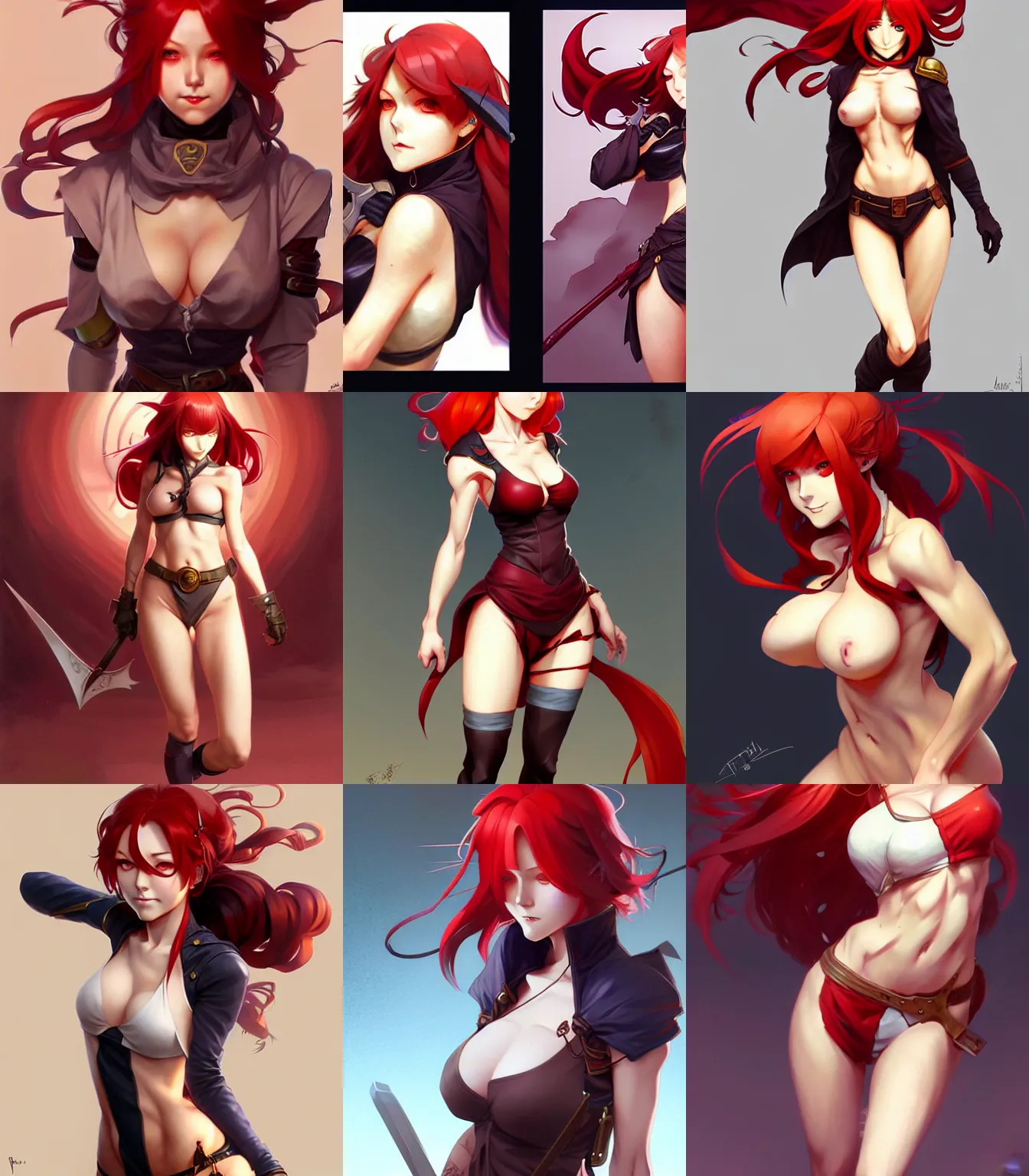 Prompt: rogue anime girl, petite pear slim figure, thighs, red hair and attractive features, dungeons and dragons portrait, seductive smile, highly detailed, digital painting, artstation, concept art, sharp focus, illustration, art by artgerm and greg rutkowski and alphonse mucha