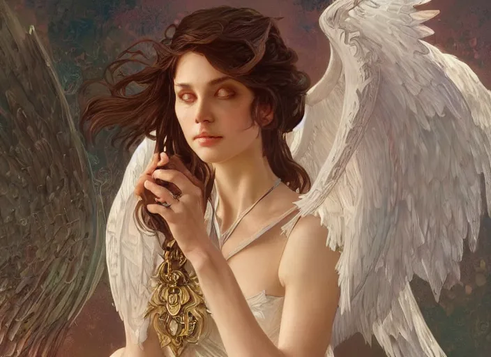 Image similar to beautiful angel, full body, d & d, fantasy, intricate, elegant, highly detailed, digital painting, artstation, concept art, smooth, sharp focus, illustration, art by artgerm and greg rutkowski and alphonse mucha