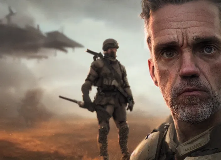 Prompt: close up cinematic artwork of Jordan Peterson staring down the enemy on the battlefield by Greg Rutkowski, 4k, masterpiece