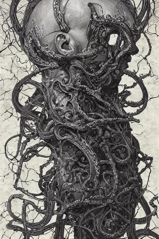 Image similar to centered horrifying detailed side view profile portrait of a insane, crazed, mad old bald zombie, ornate tentacles growing around, ornamentation, thorns, vines, tentacles, elegant, beautifully soft lit, full frame, 8 k by wayne barlowe, peter mohrbacher, kelly mckernan, h r giger