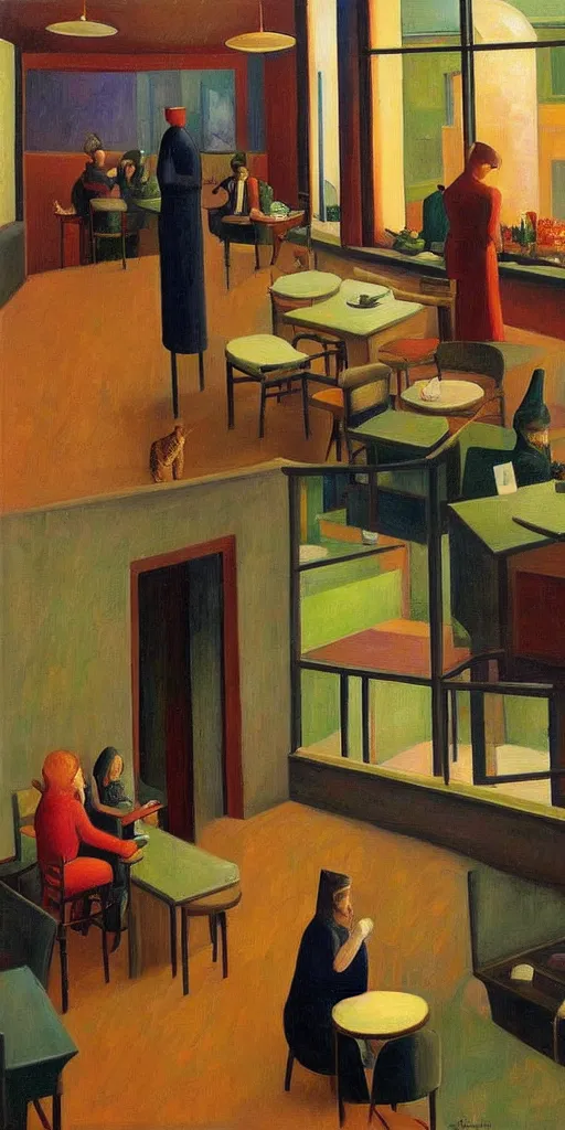 Image similar to cat cafe atrium, grant wood, pj crook, edward hopper, oil on canvas