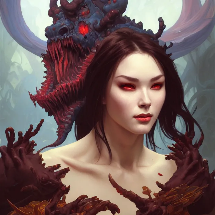 Image similar to excellent painted portrait of the grand demon tyrant, character artwork, abyssal monster, 8k resolution artwork, trending on artstation, detailed oil painting portrait, art by artgerm and greg rutkowski and alphonse mucha and craig mullins and James Jean and Andrei Riabovitchev and Marc Simonetti and peter mohrbacher