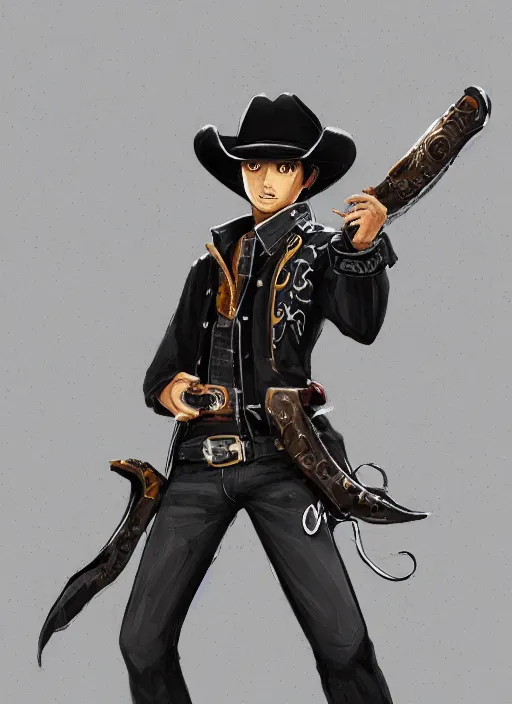 Prompt: a highly detailed illustration of kento yamazaki as a cheeky cowboy wearing cowboy hat and black tracksuit, heroic mid air wielding revolvers pose, intricate, elegant, highly detailed, centered, digital painting, artstation, concept art, smooth, sharp focus, league of legends concept art, wlop