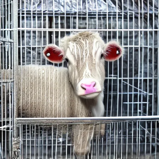 Image similar to calf inside a cage looking a bottle of milk