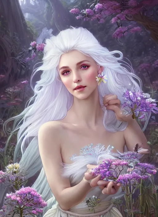 Image similar to a beautiful white haired woman as a fairy princess in a garden holding a bunch of wild flowers, deep focus, d & d, fantasy, intricate, elegant, highly detailed, digital painting, artstation, concept art, matte, sharp focus, illustration, hearthstone, art by artgerm and greg rutkowski and alphonse mucha