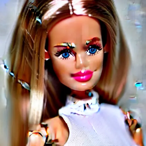 Image similar to a barbie doll with white powder all over her face