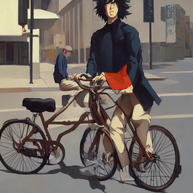 Image similar to Tatsuo on a bike from Akira by Edward Hopper, painted by James Gilleard, airbrush