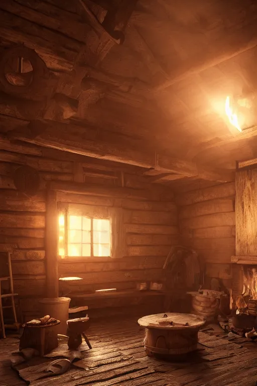 Prompt: ultra realistic old Viking communal houses interior with campfire lights and old wooden furniture, concept art, octane rendering, trend in artstation, 4k