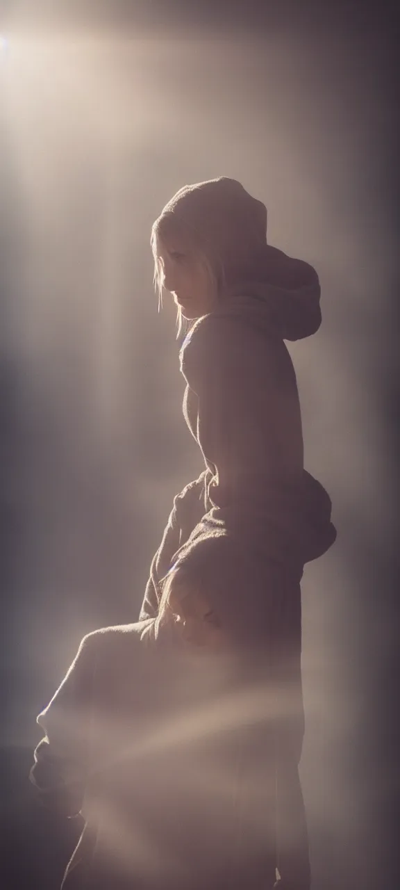 Image similar to very very beautiful photograph of emily skinner looking like annie leonhart in a hoodie standing next to a window god rays shining on her from the sunlight, volumetric fog, smoke, depth of field, beautiful composition, very very very beautifull!! face, on artstation and instagram