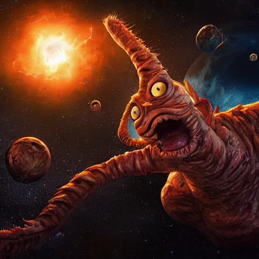 Image similar to eldritch horror bloody garfield in space, hd, 8 k, giant, epic, realistic photo, unreal engine, stars, prophecy, powerful, cinematic lighting, destroyed planet, debris, violent, sinister, ray tracing, dynamic, epic composition, dark, horrific, teeth, grotesque, monochrome drawing, hellscape