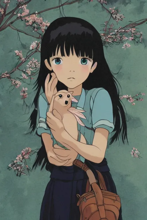 Image similar to young pretty girl holding a bird in her hands, looking touched, Fragile looking character portrait , beautiful scene; highly detailed art, by Studio Ghibli , High contrast, anime art