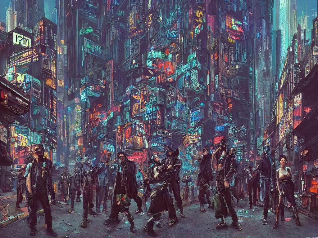 Prompt: a hyperrealistic matte painting of a cyberpunk gang on the streets of a lofty city, gritty, cyberpunk ads, piping, cables, art deco architecture, graffiti, fine detail, intricate, polished, blue color scheme, cinematic lighting, by hugh ferris, john smith, noriyoshi ohrai