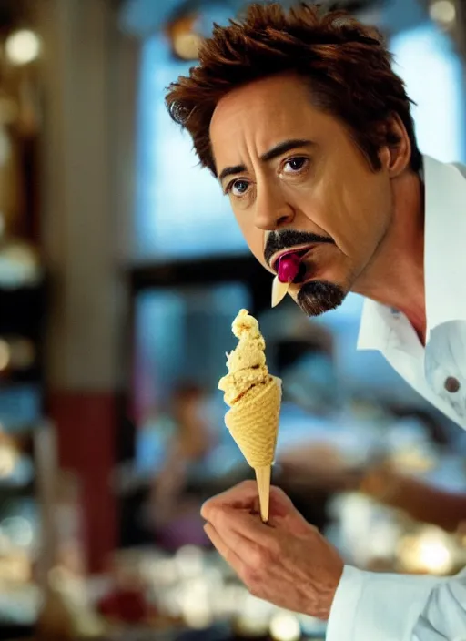 Image similar to a full portrait photo of robert downey jr eating ice cream in movie iron man, f / 2 2, 3 5 mm, 2 7 0 0 k, lighting, perfect faces, award winning photography.