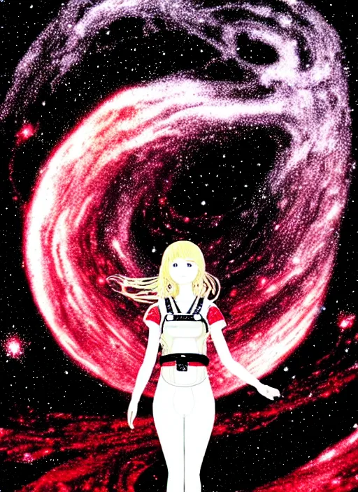 Prompt: highly detailed portrait of a hopeful pretty astronaut lady with a wavy blonde hair, by Dorothy Lathrop, 4k resolution, nier:automata inspired, bravely default inspired, vibrant but dreary but upflifting red, black and white color scheme!!! ((Space nebula background))