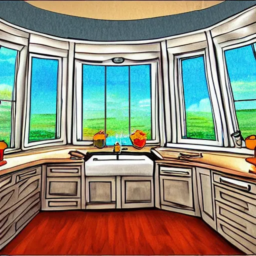 Image similar to kitchen, with cabinets in background, sunrise, large round window, digital art, cartoon