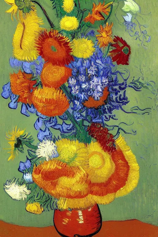 Prompt: painting of a beautiful vase of brightly coloured flowers by van gogh and Thomas kinkade