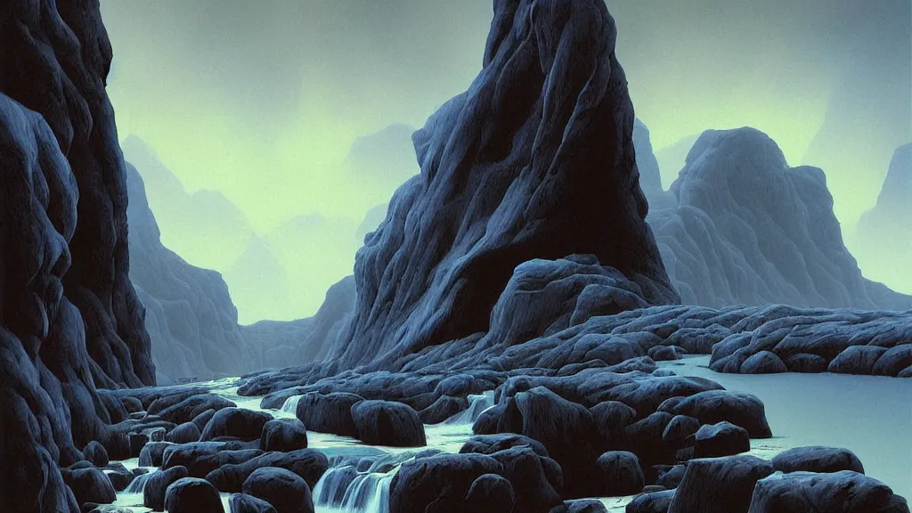 Prompt: digital painting of stuðlagil canyon by gerald brom. blue river. black columns. digital render. detailed. beautiful landscape.