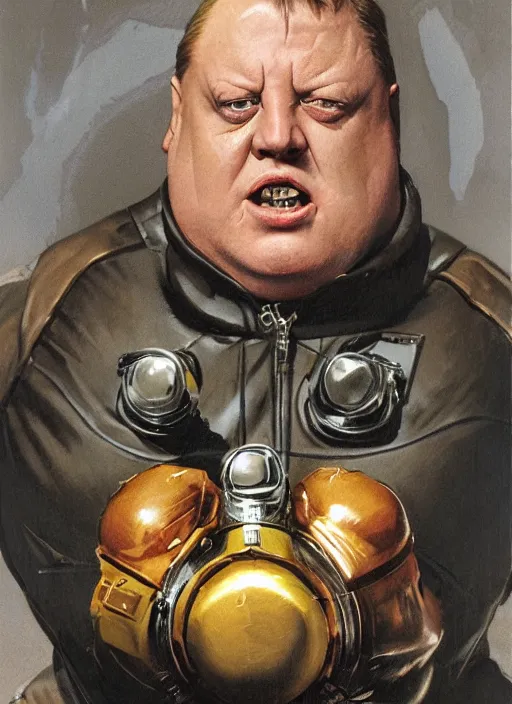 Prompt: upper body portrait of shaun ryder as baron harkonnen wearing a leather spacesuit floating in space and firing a retro ray gun, by tom lovell and dean cornwell and norman rockwell, photoreal, character concept art, artstation