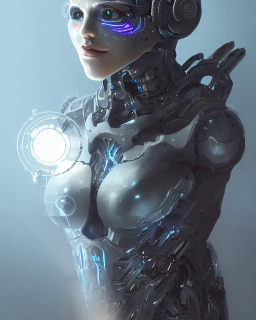 Image similar to benevolent android necromancer, aura of light, artificial intelligence, kind face, perfect, scifi, futuristic, highly detailed, trending on artstation, advanced technology, art by vitaly bulgarov