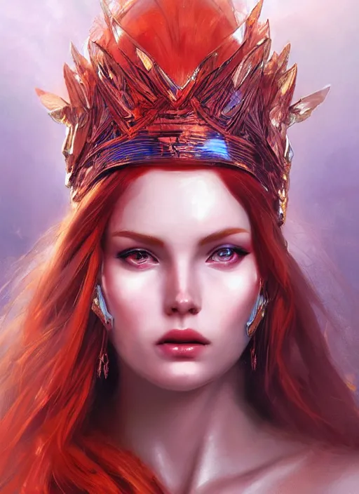 Image similar to sketch of cute beautiful red haired super model as futuristic aphrodite greek goddess wearing a holographic headdress, beautiful piercing gaze with sharp pupils, in the style of greg rutkowski, fantasy, amazing detail, epic, elegant, smooth, sharp focus, front view