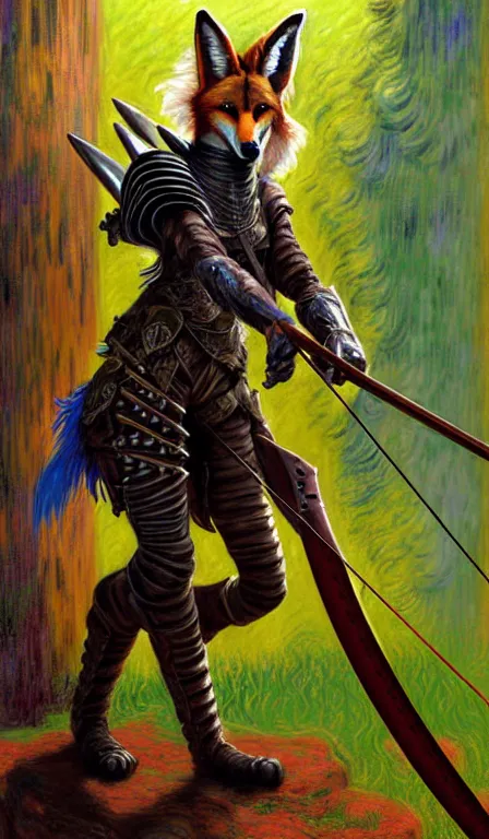 Prompt: a maned wolf fursona anthro girl ranger wearing leather - strap - armor and wielding an enchanted recurve bow is exploring the forbidden library in hades. trending on artstation and pixiv. a vibrant digital oil painting. a highly detailed fantasy character illustration by wayne reynolds and charles monet and gustave dore and carl critchlow and bram sels