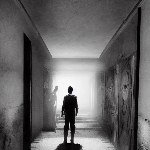 Image similar to A monster is standing in a dimly lit hallway, terrifying visuals, horror elements, dark ambiance.