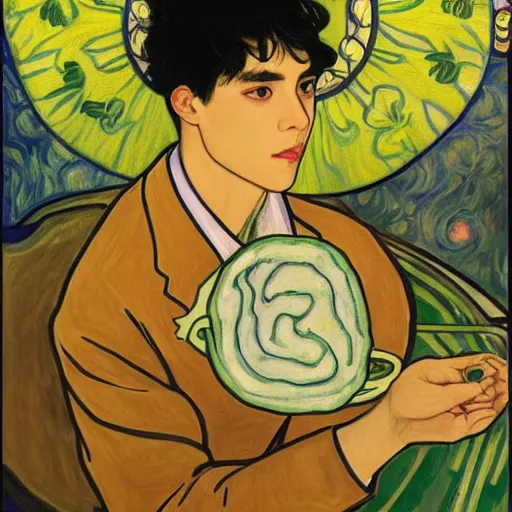 Prompt: taehyung at the cucumber soup party, elegant, clear, sharp focus, bold colors, smooth, alphonse mucha, vincent van gogh, egon schiele,