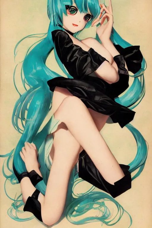 Image similar to hatsune Miku by Gil Elvgren and Enoch Bolle