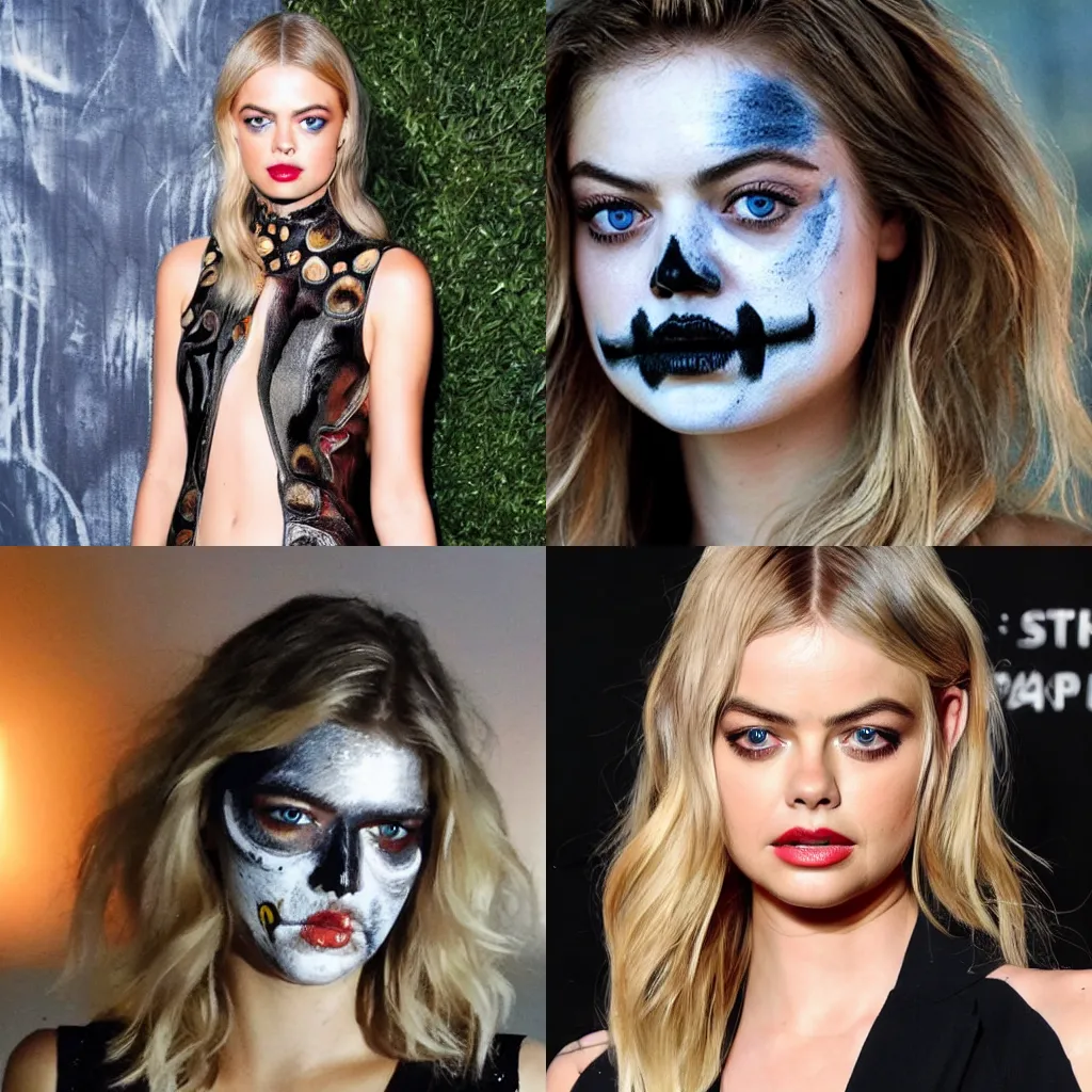 Prompt: Samara Weaving with skull paint on her face, full body, holding a shotgun