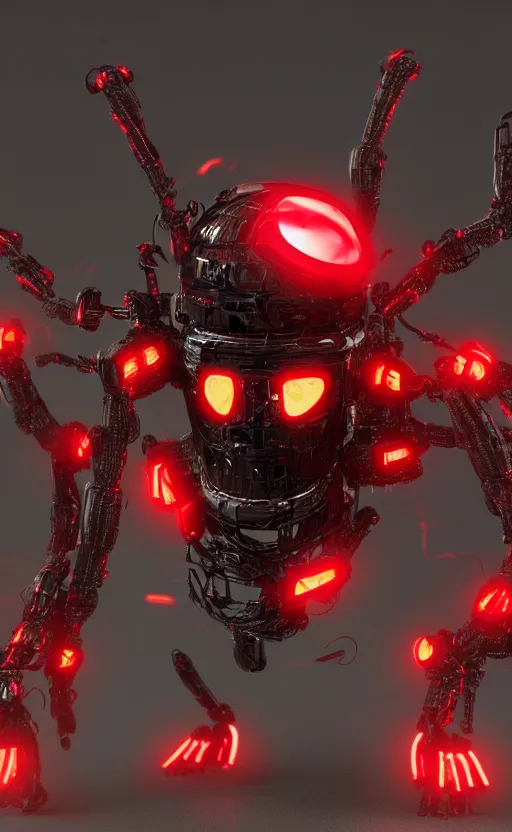 Image similar to a robot humanoid spider with 4 arms with claws, glowing red eyes, in a black carbon and red fiber armor, smiling creepily, dynamic lighting, photorealistic fantasy concept art, trending on art station, stunning visuals, creative, cinematic, ultra detailed