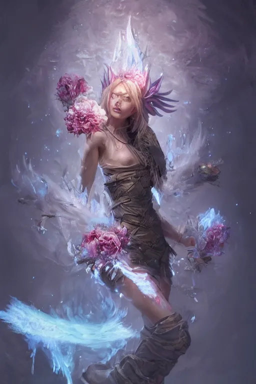 Image similar to beautiful girl necromancer, witch - doctor covered with ice exploding into flowers, angels, 3 d render, hyper - realistic detailed portrait, holding fire and electricity, ruan jia, wlop. scifi, fantasy, magic the gathering, hyper detailed, octane render, concept art, peter mohrbacher