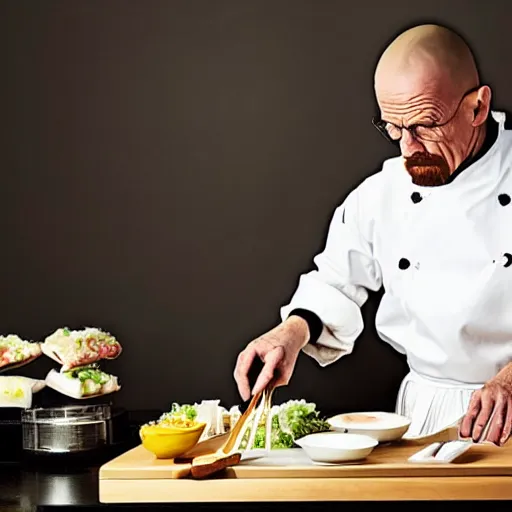 Image similar to photo of Walter white cooking sushi wearing a maid costume