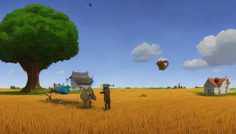 Prompt: gigantic cat next to the small house, wheat field harvesting, big tree, matte painting, art station, blue sky, simon stalenhag