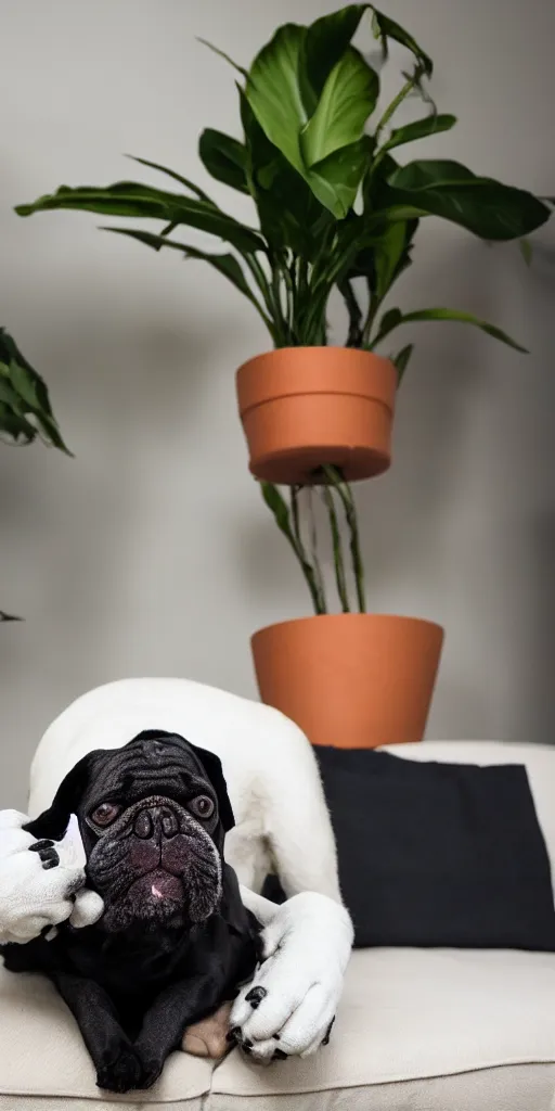 Prompt: a dog that looks like mickey mouse, white face, black body, black nose, black ears, sitting down on a sofa, house plants in the background, indoors, dim light, photograph, 4 k, shot on iphone