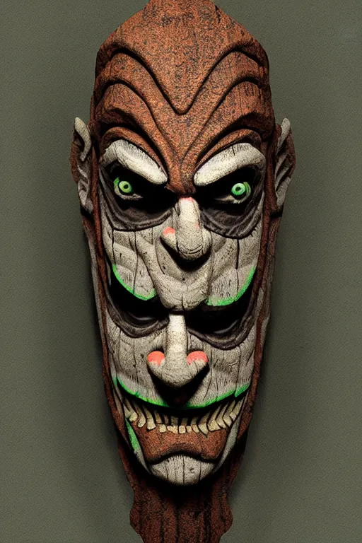 Image similar to terror clownvamp totem made in carved mossy wood, realistic and ultra detailed, texturized, indirect volummetric light, mask effect layer, sharpen and antialiased