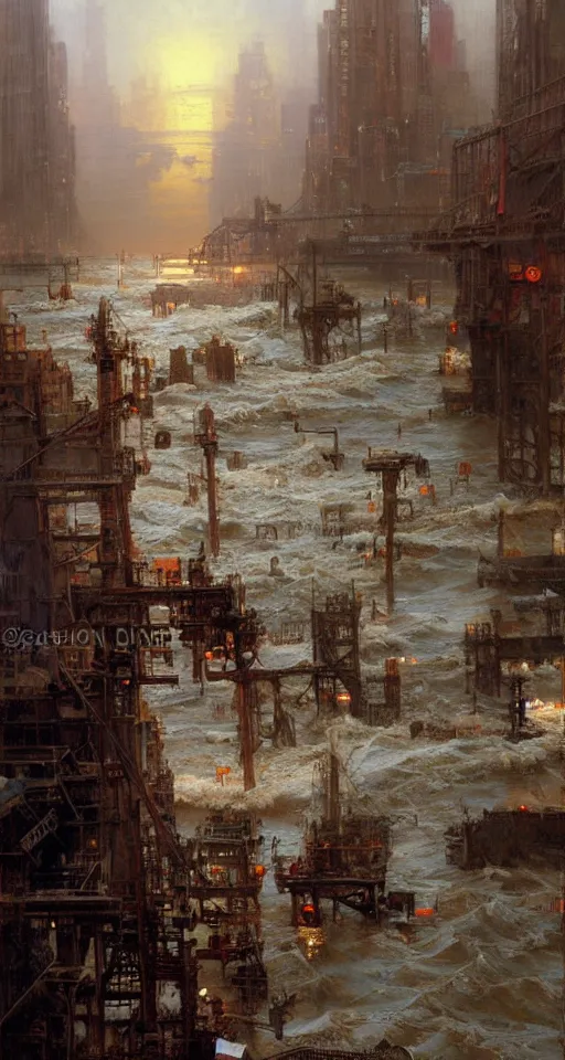 Image similar to the sea flooding the entire city of modern new york. you can see the water entering buildings highly detailed painting by gaston bussiere, craig mullins, j. c. leyendecker