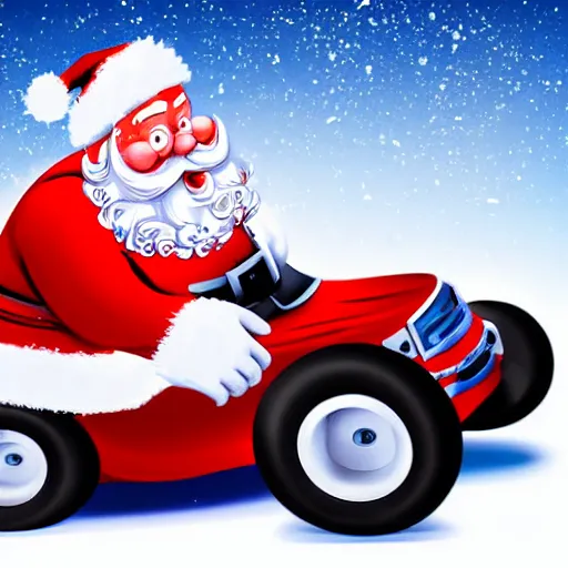 Image similar to Santa Clause driving a rally car he is going fast there is smoke coming from the tires there is snow on the track you can clearly see Santa Clause driving he is fat and jolly, realistic lighting, realistic shadows, highly reflective, photo realistic, hyper realistic