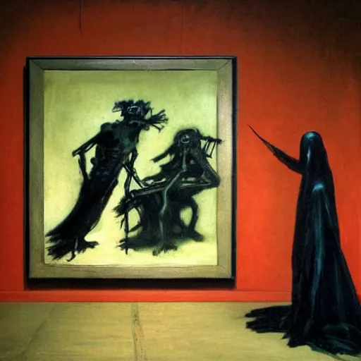 Prompt: dark figure hanging on wall and another dark figure laughing while walking a skeletal dog in the style of Francisco Goya and Francis Bacon, vibrant red background, mythological painting, oil painting, triadic color scheme, very coherent, Figure laughing seated on a throne made out of a whale skeleton inside interior room, Beksinski painting, masterpiece, artstation