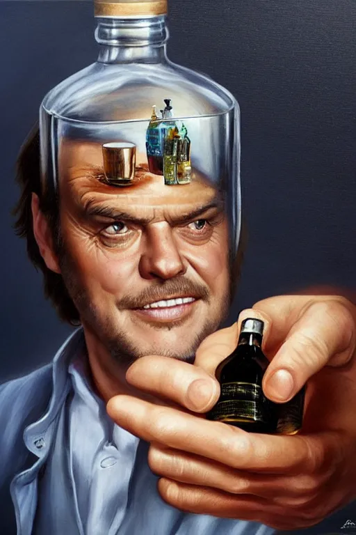 Prompt: a message in a bottle but instead of a ship it is a young jack nicholson in the bottle, jack nicholson, fancy whiskey bottle, masterpiece painting by artgerm and tom bagshaw