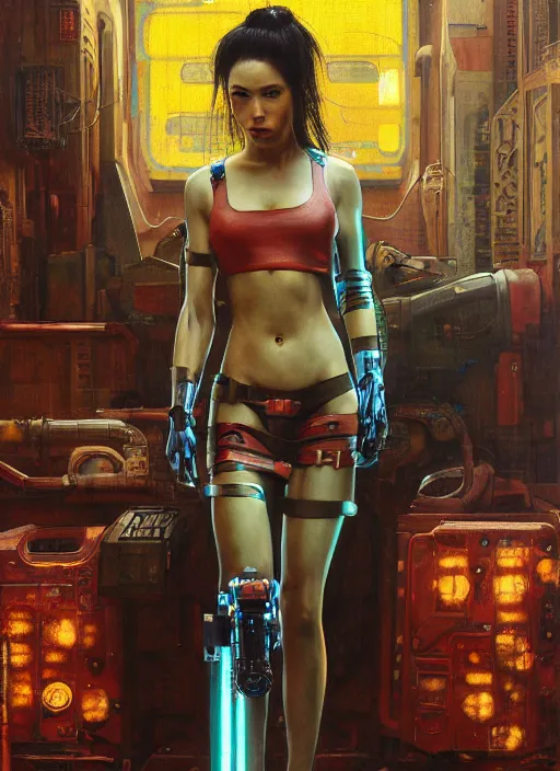 Image similar to Nikki Tanaka. Beautiful Feminist Cyberpunk mechanic with robotic legs. (Cyberpunk 2077, bladerunner 2049). Iranian orientalist portrait by john william waterhouse and Edwin Longsden Long and Theodore Ralli and Nasreddine Dinet, oil on canvas. Cinematic, vivid colors, hyper realism, realistic proportions, dramatic lighting, high detail 4k