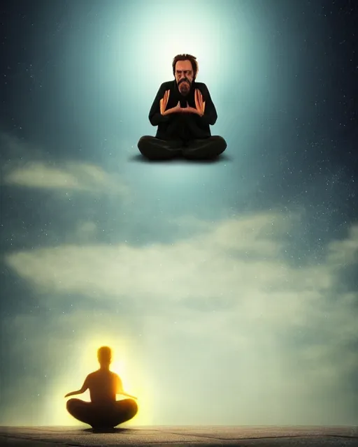 Image similar to alan watts grinning meditating floating hair cinematic in galaxy universe realistic dramatic backlit stylized soft airbrush painting highly detailed, subsurface scattering, 3d render senior artist, photorealistic, textured, featured on artstation