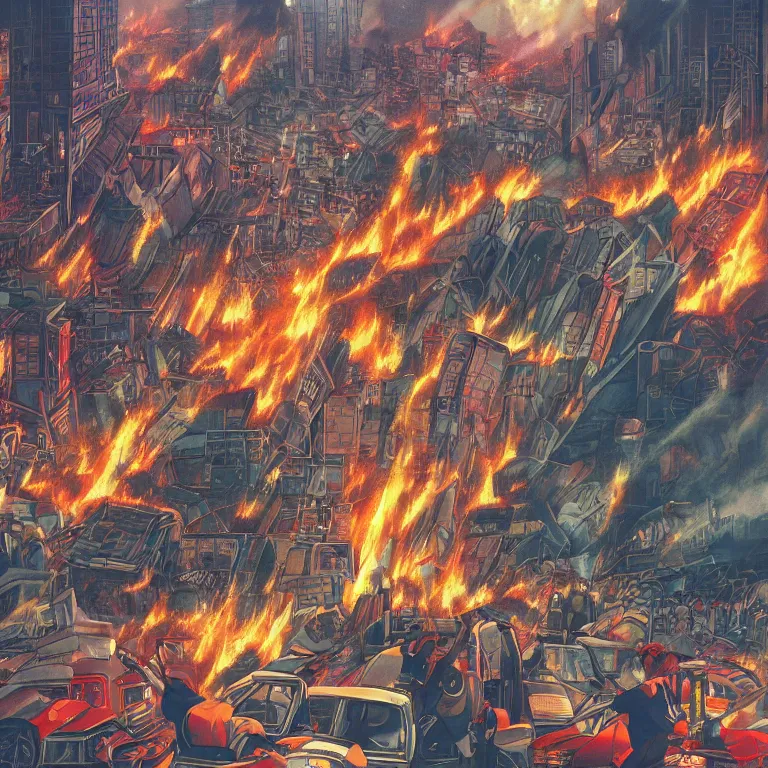 Prompt: an highly detailed 80's anime illustration of a worker uprising in a large city, protesters in the streets, burning buildings, burning cars, dramatic composition, wide angle view, epic scale, intricate, sharp focus, volumetric lighting, deep colors, masterpiece, retro style